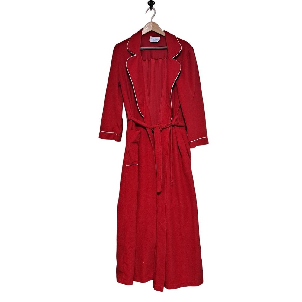 Vintage 60s 70s Robe Women Large Red White Piping Mid Century Tie House Coat USA